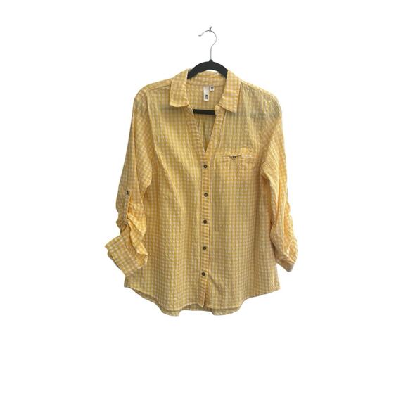 Kut from the Kloth Button Feena Top XL Yellow Textured Gingham V-Neck #6011 - Picture 1 of 10